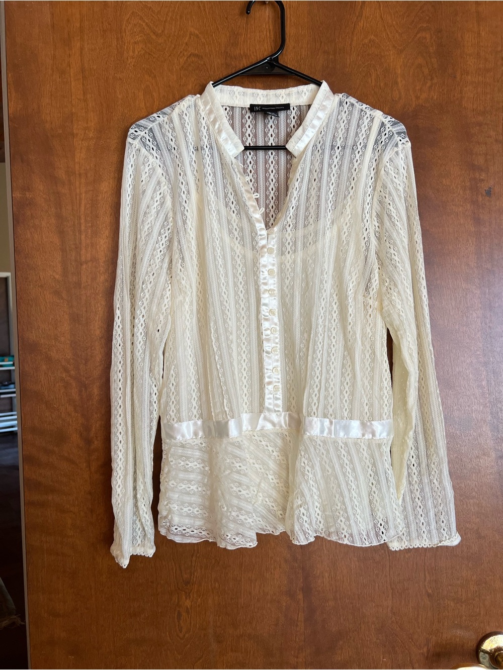 INC International Concepts Cream Lace Peplum Button-Front Blouse